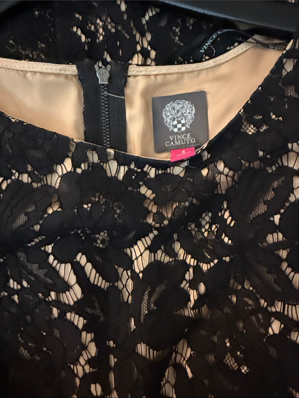 Vince Camuto Black Floral Lace Midi Dress with Nude Lining